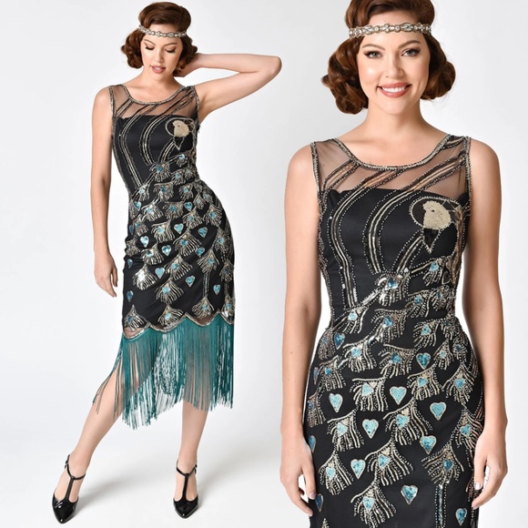 Peacock Sequin Fringed Party Flapper Dress - Picture 1 of 7